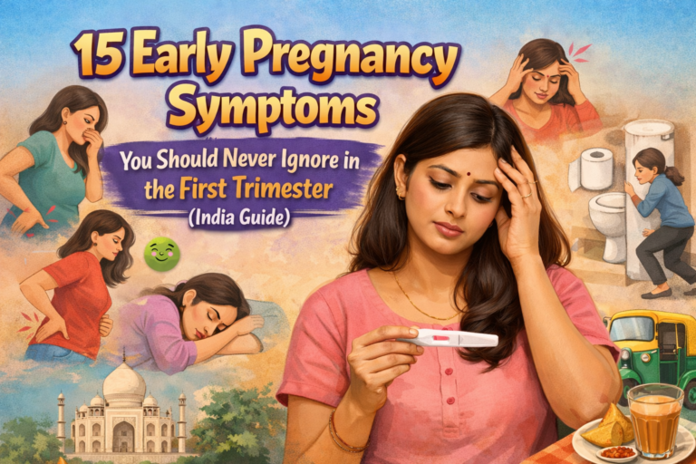 "Indian mom experiencing early pregnancy symptoms first trimester – gentle hand on belly"