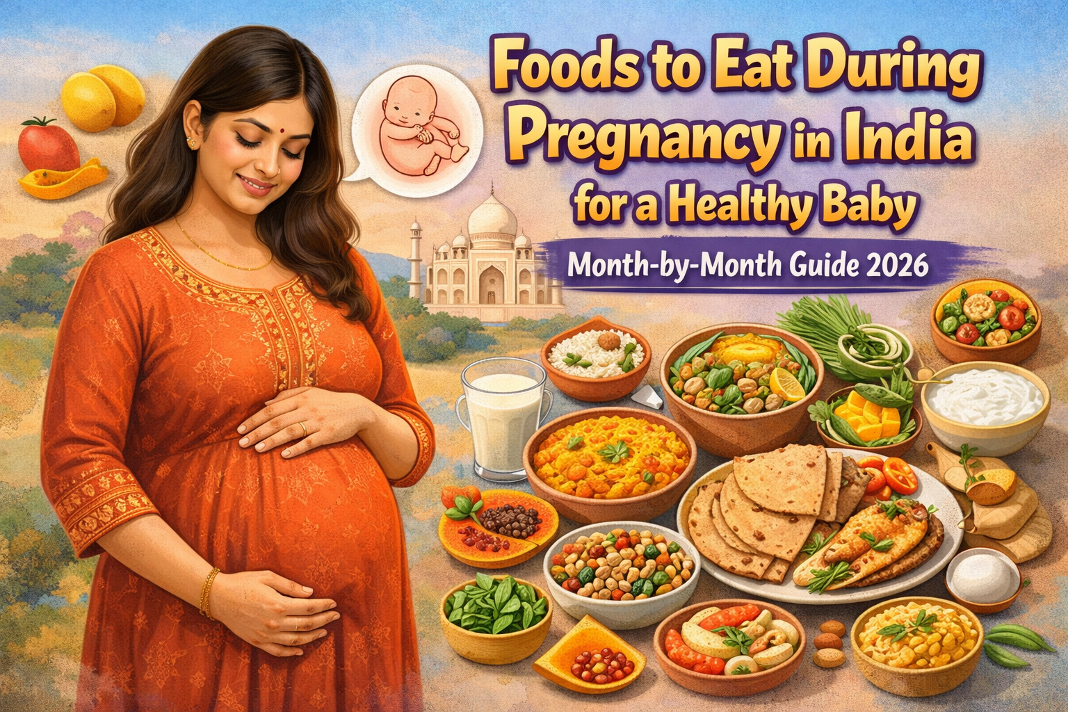 Pregnant Indian mom eating nutritious pregnancy foods like ragi porridge and dal for healthy baby in first trimester