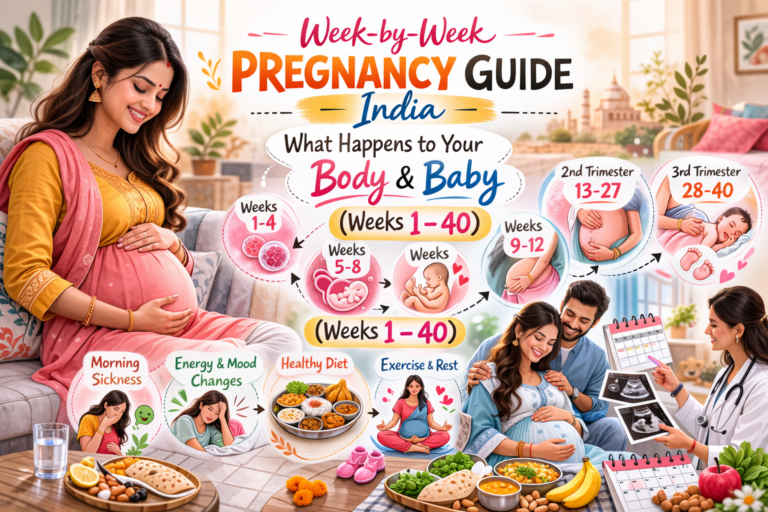 Indian pregnant mom following week by week pregnancy guide India – body changes and baby development weeks 1 to 40