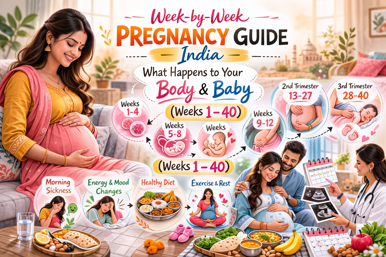 Indian pregnant mom following week by week pregnancy guide India – body changes and baby development weeks 1 to 40