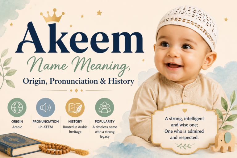 Akeem name meaning, origin, pronunciation and history, featuring a baby boy, Arabic heritage elements and the meaning “strong, intelligent and wise one.”