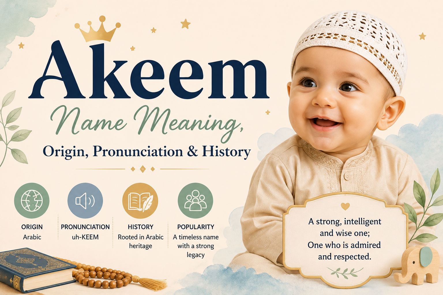 Akeem name meaning, origin, pronunciation and history, featuring a baby boy, Arabic heritage elements and the meaning “strong, intelligent and wise one.”