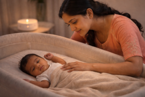 Newborn baby sleeping soundly in crib with gentle white noise – common reasons for crying in sleep without waking