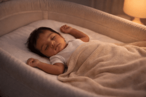 Peaceful Indian newborn baby sleeping in safe crib bassinet – why does my baby cry in sleep but not wake up gentle tips for Indian moms in USA 2026