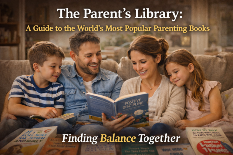 Collection of top parenting books for pregnancy, toddlers, and teens on a wooden table