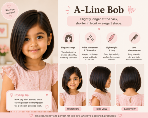 Little girl with an A-line bob haircut featuring a shorter front and slightly longer back, shown in front, side, and back views in a pastel hairstyle infographic highlighting its elegant and polished shape.