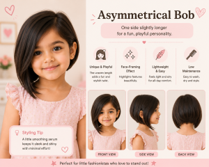 Little girl with an asymmetrical bob haircut featuring one side slightly longer than the other, shown in front, side, and back views in a pastel hairstyle infographic highlighting its playful and stylish look.