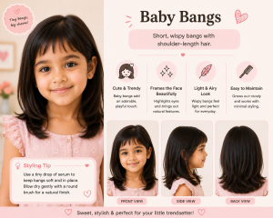 Little girl with short wispy baby bangs and shoulder-length hair, shown in front, side, and back views in a pastel hairstyle infographic highlighting its cute and trendy look.