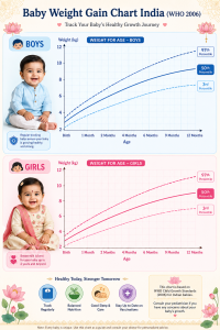 Baby weight gain chart India for boys and girls according to WHO standards 0-12 months