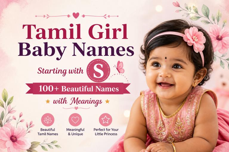 Smiling baby girl wearing a pink dress and headband, featured on a pastel floral background with text “Tamil Girl Baby Names Starting with S – 100+ Beautiful Names with Meanings