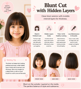 Little girl with a blunt haircut featuring hidden internal layers for added thickness, shown in front, side, and back views in a pastel hairstyle infographic highlighting its sleek and polished look.