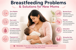 Mother breastfeeding her baby with infographic showing common breastfeeding problems and solutions for new moms including sore nipples, low milk supply, mastitis, and latch issues.