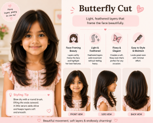 Little girl with a butterfly cut hairstyle featuring light feathered layers framing the face, shown in front, side, and back views in a pastel hairstyle infographic highlighting soft movement and flowy layers.
