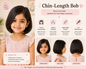 Little girl with a chin-length bob haircut featuring a short, neat style, shown in front, side, and back views in a pastel hairstyle infographic highlighting its lightweight and summer-friendly look.
