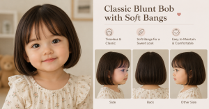 Baby girl with a classic blunt bob haircut and soft bangs, shown in front, side, and back views in a cozy pastel-themed hairstyle guide image.