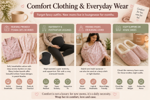 Comfort clothing and everyday wear for new moms including nursing-friendly pyjama sets, maternity leggings, feeding shawl, and cozy slippers for daily comfort