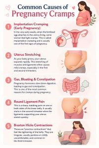 Informative infographic titled “Common Causes of Pregnancy Cramps” explaining implantation cramping, uterus stretching, gas and constipation, round ligament pain, and Braxton Hicks contractions with illustrations of pregnant women and pregnancy-related body changes in soft pastel colors.