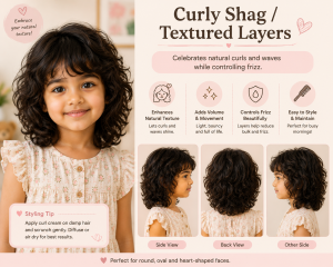 Little girl with a curly shag haircut and textured layers, shown in front, side, and back views in a pastel hairstyle infographic highlighting natural curls, volume, and frizz control.