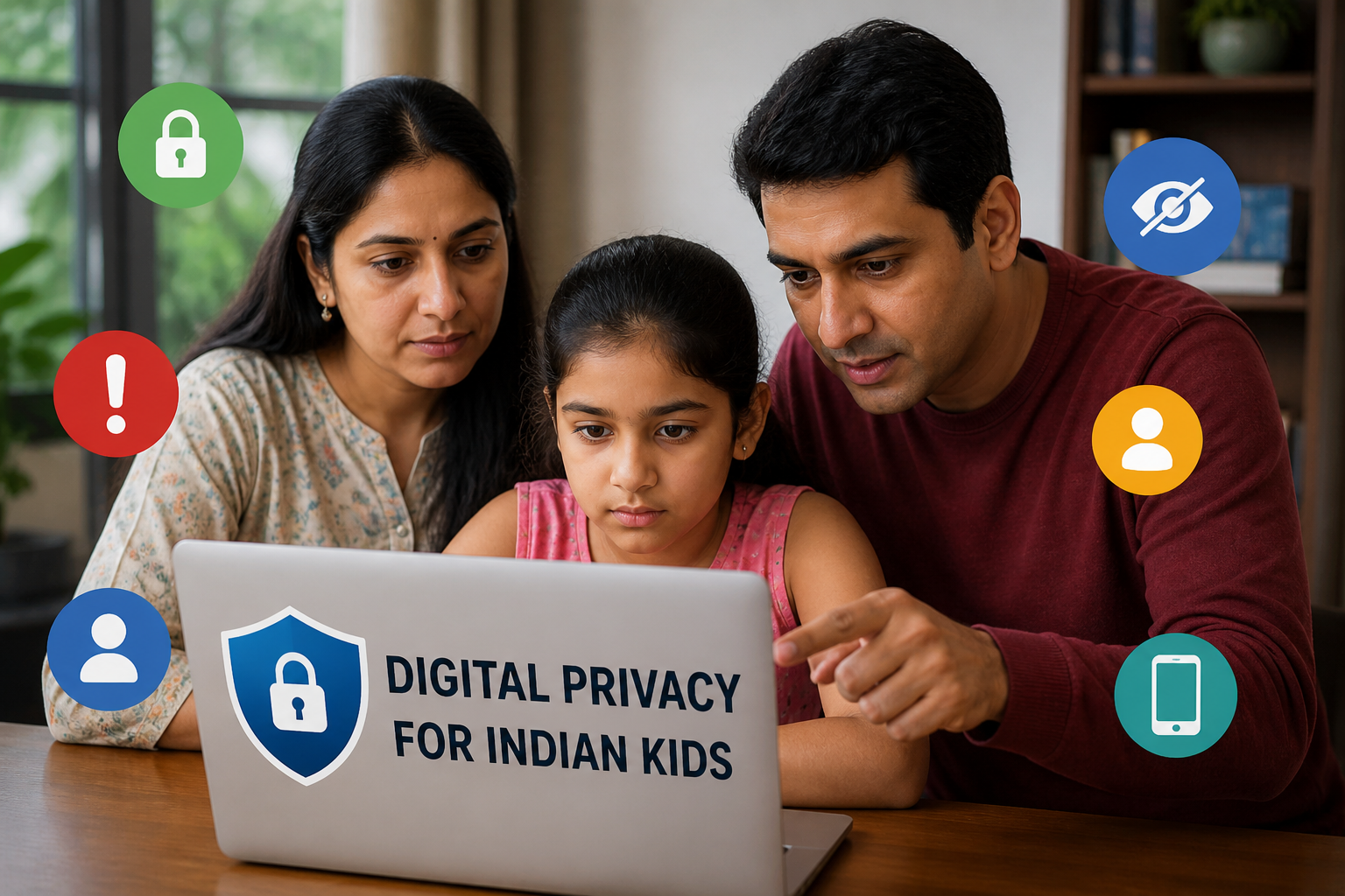 Indian mother and child using a tablet safely with floating digital security icons representing the DPDP Act 2023