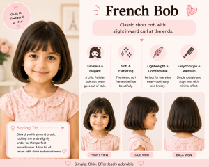 Little girl with a French bob haircut featuring a classic short bob and softly curled inward ends, shown in front, side, and back views in a pastel hairstyle infographic highlighting its chic and timeless look.