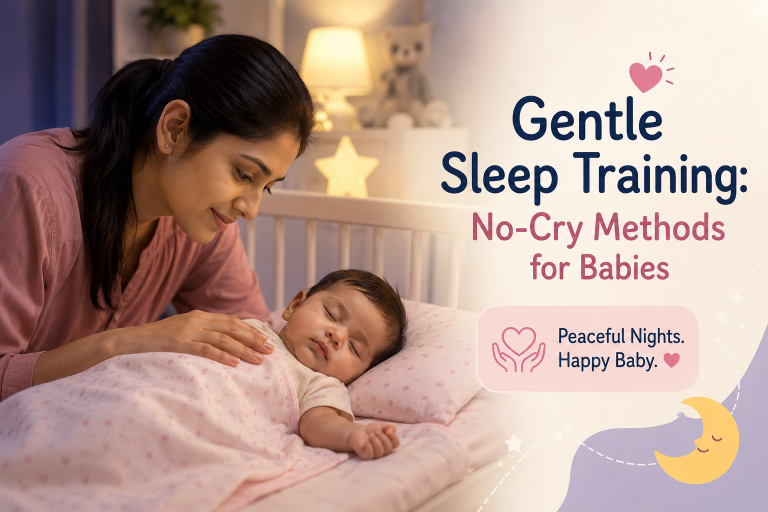 Gentle sleep training for babies using no-cry methods with mother soothing sleeping infant in a calm nursery