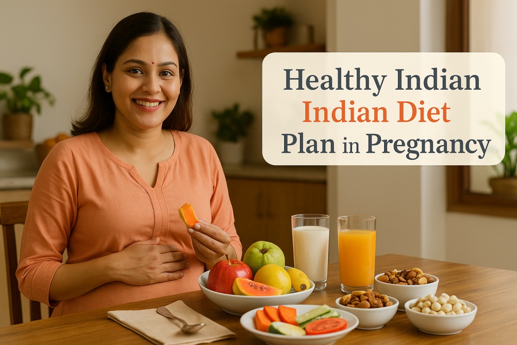 smiling pregnant Indian woman with healthy fruits and milk