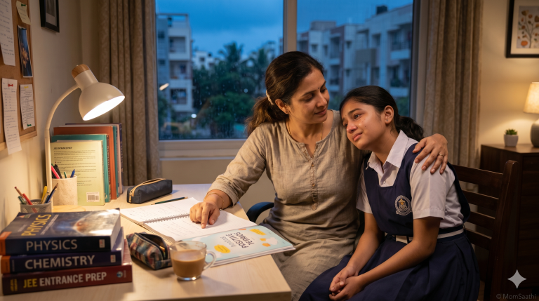 Indian mother comforting stressed daughter studying for exams at home