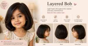 Little Indian girl with a layered bob haircut featuring soft light layers for added volume, shown in front, side, and back views in a pastel hairstyle guide infographic.