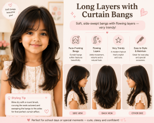 Young girl with long layered hair and soft curtain bangs, shown in front, side, and back views in a pastel hairstyle infographic highlighting flowing layers and trendy face-framing bangs.