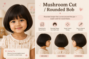 Little girl with a mushroom cut rounded bob hairstyle featuring soft curved ends around the jawline, shown in front, side, and back views in a pastel hairstyle infographic.