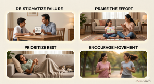 Small image panels showing practical parenting tips for reducing school pressure in India: destigmatizing failure, praising effort, prioritizing rest, and encouraging movement.