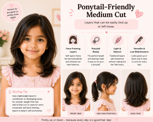 Little girl with a ponytail-friendly medium haircut featuring soft layers that can be tied up or worn loose, shown in front, side ponytail, and back views in a pastel hairstyle infographic.