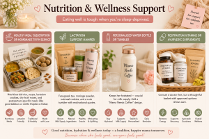 Nutrition and wellness support gifts for new moms including healthy meal service, lactation hamper, personalised water bottle, and postpartum vitamins for better recovery and hydration