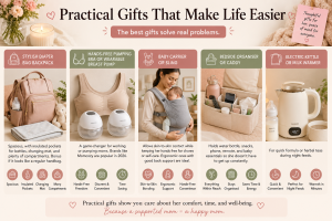 Practical gift ideas for new moms including diaper bag backpack, hands-free breast pump, baby carrier, bedside organiser, and electric kettle for easier daily life