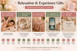 Relaxation and experience gift ideas for new moms including at-home massage, noise-cancelling headphones, weighted blanket, meditation app subscription, and babysitting support