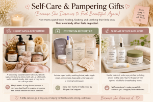 Self-care and pampering gift ideas for new moms including luxury bath hamper, postpartum recovery kit, and skincare essentials for busy mothers