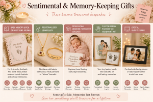 Sentimental and memory-keeping gift ideas for new moms including baby memory book, personalised jewellery, newborn photoshoot, family portrait kit, and digital photo frame
