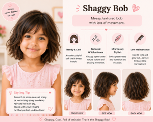 Little girl with a shaggy bob haircut featuring messy textured layers and wispy bangs, shown in front, side, and back views in a pastel hairstyle infographic highlighting movement and volume.