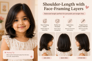 Young girl with a shoulder-length haircut and soft face-framing layers, shown in front, side, and back views in a pastel hairstyle infographic highlighting ponytail-friendly and tangle-free styling.