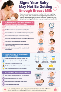 Illustrated infographic titled “Signs Your Baby May Not Be Getting Enough Breast Milk” featuring a breastfeeding mother and baby with pastel pink, blue, and purple sections. The infographic lists warning signs such as baby remaining hungry after feeds, very short or long feeding sessions, no swallowing sounds, hollow cheeks while sucking, nipples appearing flattened or painful, fewer wet nappies, dark urine, delayed stools, poor weight gain, excessive sleepiness, and frequent crying after feeds. Small medical-style illustrations and icons visually explain each symptom related to feeding, nappies, stool changes, and baby behaviour.