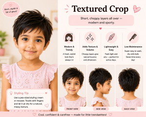 Little girl with a textured crop haircut featuring short choppy layers, shown in front, side, and back views in a pastel hairstyle infographic highlighting its sporty, modern, and low-maintenance style.