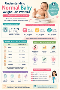 Colorful infographic explaining normal baby weight gain patterns with average birth weight, monthly growth milestones, weekly weight gain ranges, factors affecting baby growth, healthy signs of weight gain, and doctor consultation indicators, featuring smiling babies, icons, and pastel medical illustrations.