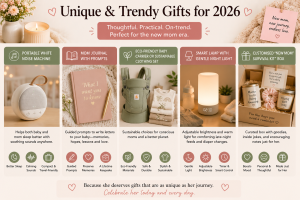 Unique and trendy gift ideas for new moms in 2026 including white noise machine, mom journal, eco-friendly baby carrier, smart night lamp, and customised survival kit box