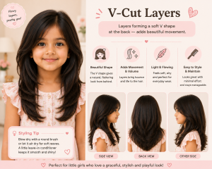 Little girl with long V-cut layered hair featuring a soft V shape at the back, shown in front, side, and back views in a pastel hairstyle infographic highlighting movement and flowing layers.