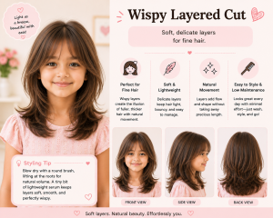 Little girl with a wispy layered haircut featuring soft delicate layers for fine hair, shown in front, side, and back views in a pastel hairstyle infographic highlighting lightweight movement and natural volume.