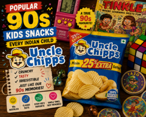 Popular 90s kids snacks featuring Uncle Chipps salted potato chips, with the iconic blue packet, retro toys, Tinkle comic, Tazos, and nostalgic 90s-themed graphics.