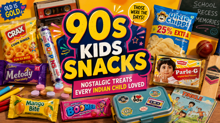 90s kids snacks in India featuring Melody, Mango Bite, Boomer, Poppins, Uncle Chipps, Crax and other nostalgic childhood treats