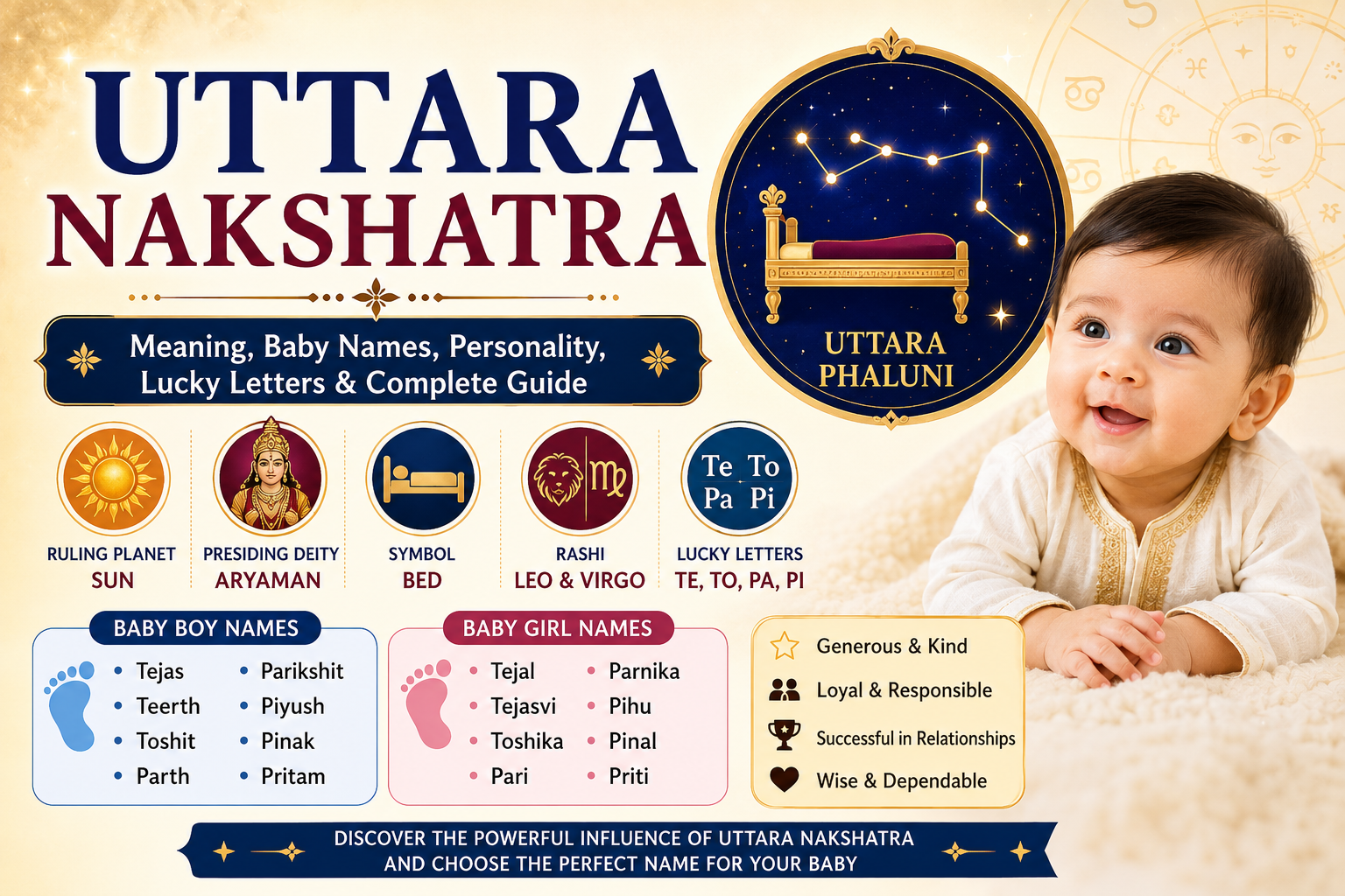 Uttara Nakshatra baby naming guide featuring lucky letters, baby names, Vedic astrology symbols and newborn baby illustration
