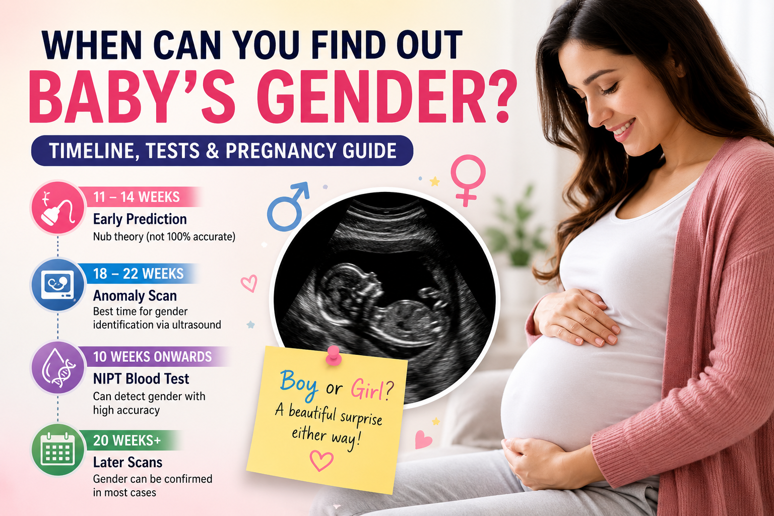 Pregnancy ultrasound showing fetal development and timeline for finding out baby's gender during pregnancy