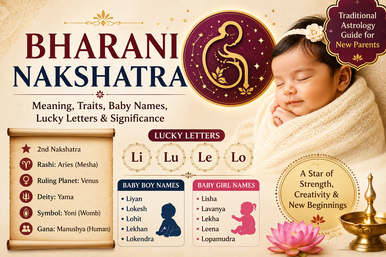Bharani Nakshatra baby naming guide showing lucky letters, baby names, Vedic astrology symbols and newborn illustration